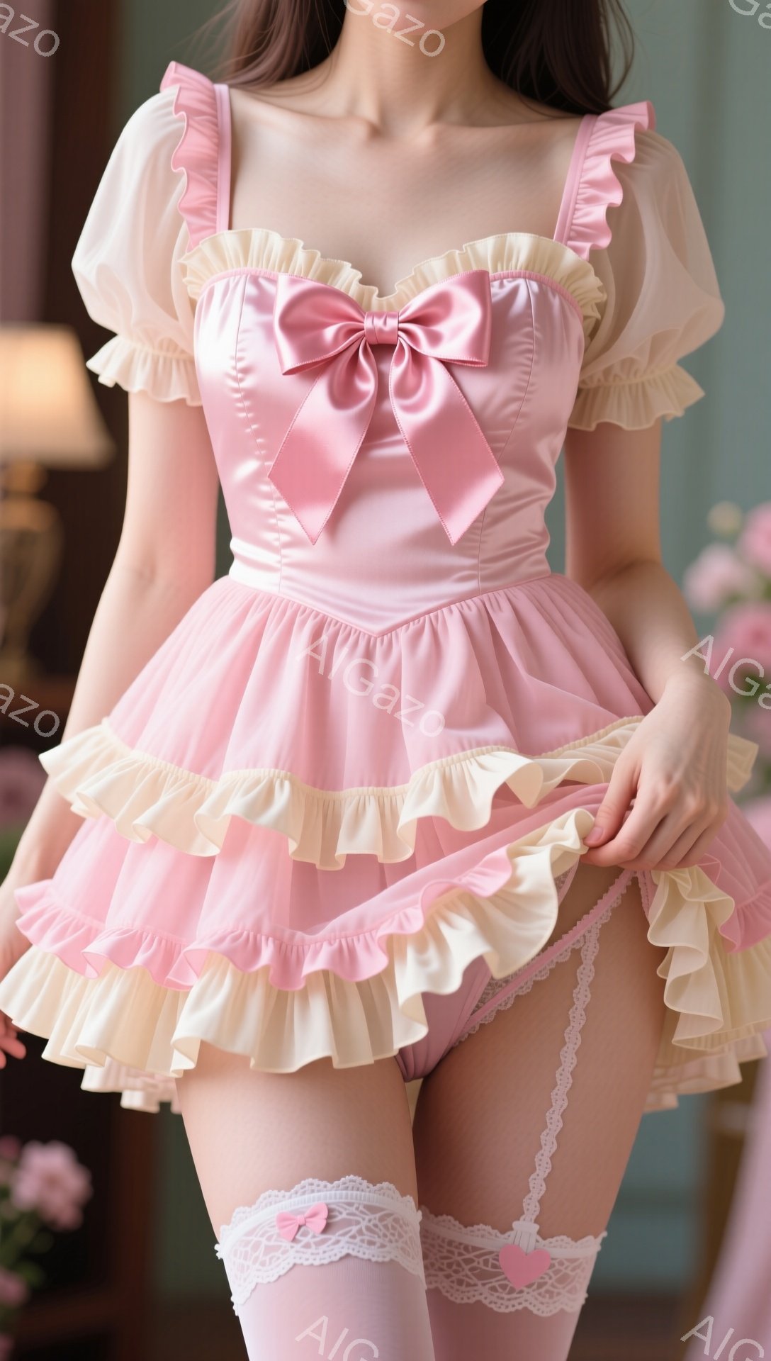 淡いピンクとクリーム色のフリルのついた可愛らしいワンピースを着た女性が写っています。彼女は片手でスカートを持ち上げており、白いニーハイソックスとレースのガーター、ハート型のチャームがアクセントになっています。背景にはぼやけた花柄と家具が見え、全体的に甘くロマンチックな雰囲気が漂っています。