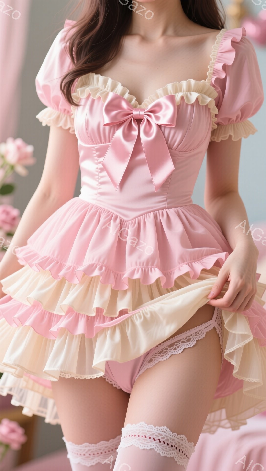 淡いピンクとクリーム色のフリルが特徴的な、可愛らしいミニドレスを着た女性が写っています。ドレスはパフスリーブと胸元のリボンがアクセントで、裾にはたっぷりのフリルが施されています。背景にはぼんやりと花が見え、全体的に甘くロマンチックな雰囲気です。