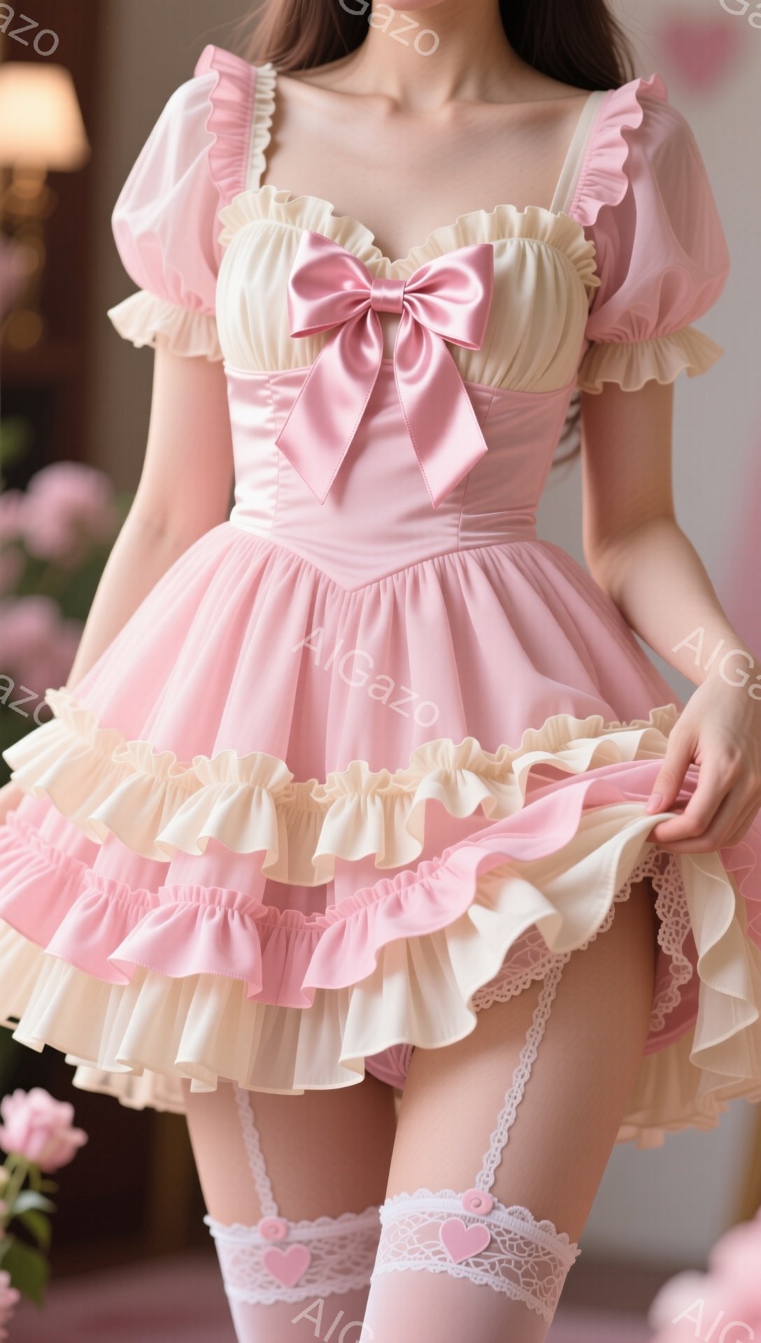 淡いピンクとクリーム色のフリルの多い可愛らしいドレスを着た女性が写っています。ドレスはパフスリーブで胸元には大きなリボンがあり、スカートはふんわりと広がった多層のデザインです。太ももにはハートモチーフの装飾がされた白いサスペンダーソックスを履いています。