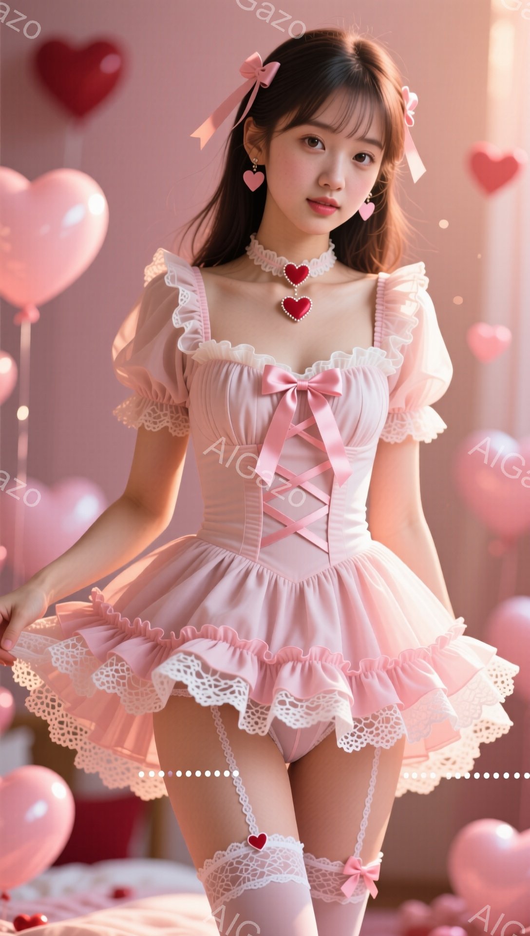 明るいピンク色の背景に、フリルとリボンをあしらった可愛らしいピンクのワンピースを着た女性が立っています。彼女は肩まで届くストレートヘアで、控えめな微笑みを浮かべています。背景にはハート型のバルーンが散りばめられ、甘くロマンチックな雰囲気を醸し出しています。