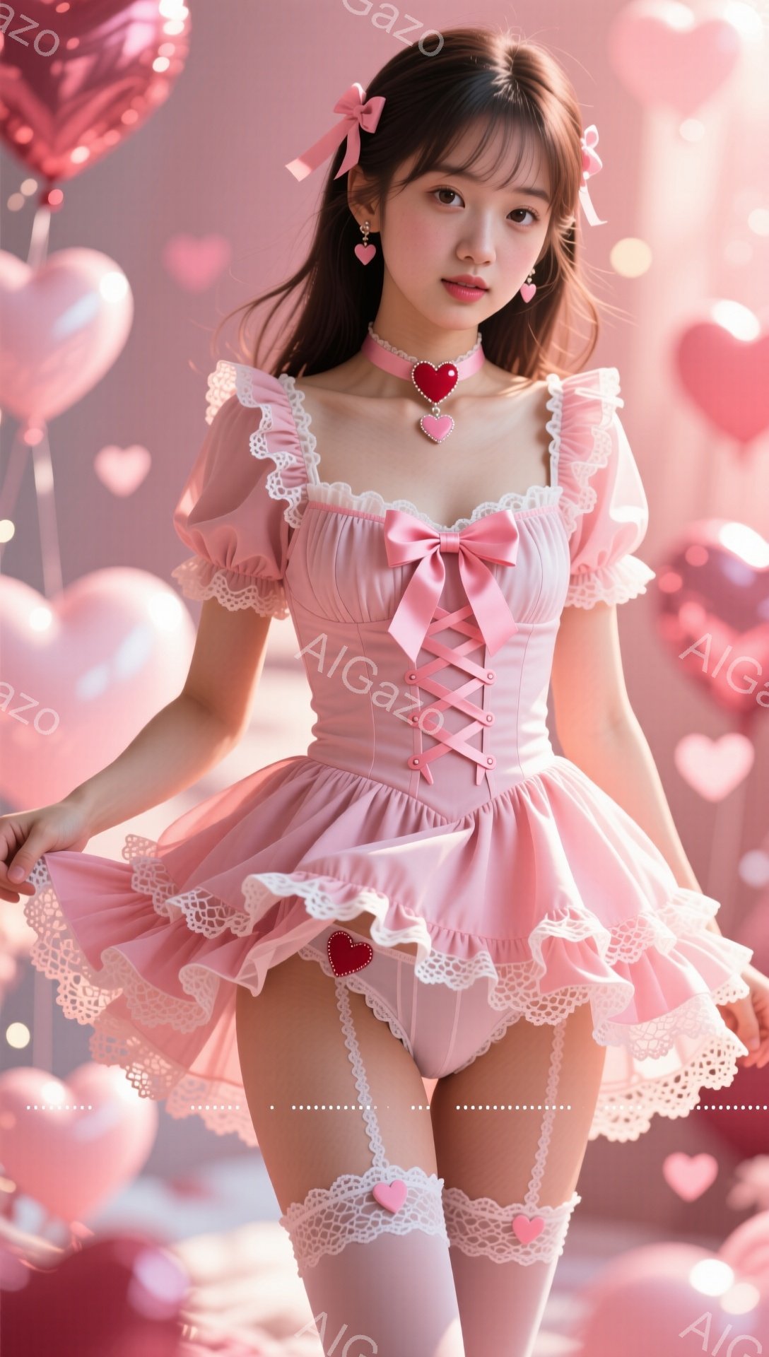 ピンク色の愛らしいワンピースを着た若い女性が写っています。彼女は明るい笑顔を浮かべ、ウェーブのかかった長い髪にはリボンが飾られています。背景にはピンク色のハート型の風船が浮遊し、全体的に甘くて夢幻的な雰囲気を醸し出しています。