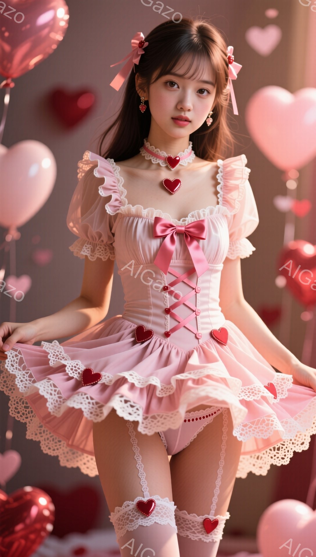 明るいピンク色のフリルたっぷりのドレスを着た若い女性が写っています。髪は長く、茶色で、前髪は眉毛にかかるようにカットされています。彼女は少し微笑んでおり、優雅なポーズをとっています。