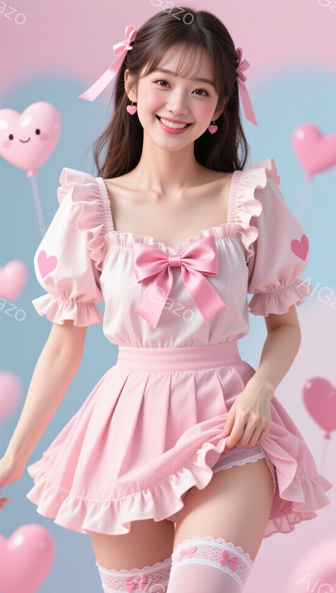 明るいピンク色の衣装を着た若い女性が写っています。パフスリーブのブラウスと、フリルがふんだんにあしらわれたミニスカート、レースのついたサスペンダーソックスを身につけ、両サイドにリボンが付いたポニーテールで、満面の笑みを浮かべています。背景には、淡い水色とピンクのハート型風船が浮らめき、全体的に夢可愛く、華やかな雰囲気を醸し出しています。