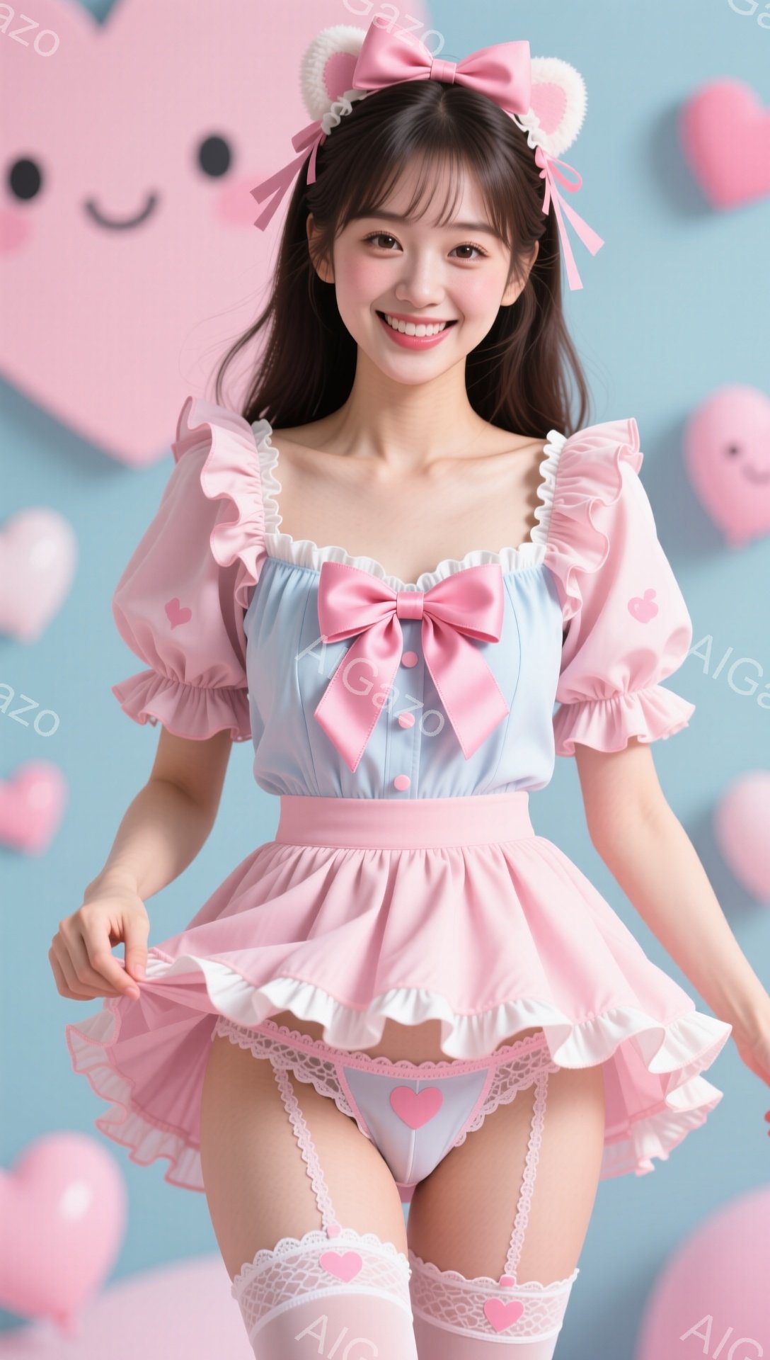 明るい青い背景に、ピンク色のリボンとハートが散りばめられています。女性は、水色のフリル袖のブラウスと、ふんわりとしたピンク色のスカート、ハート柄のパンツ、白いレースのサスペンダーを身につけています。笑顔で少し体を傾け、可愛らしい雰囲気を醸し出しています。