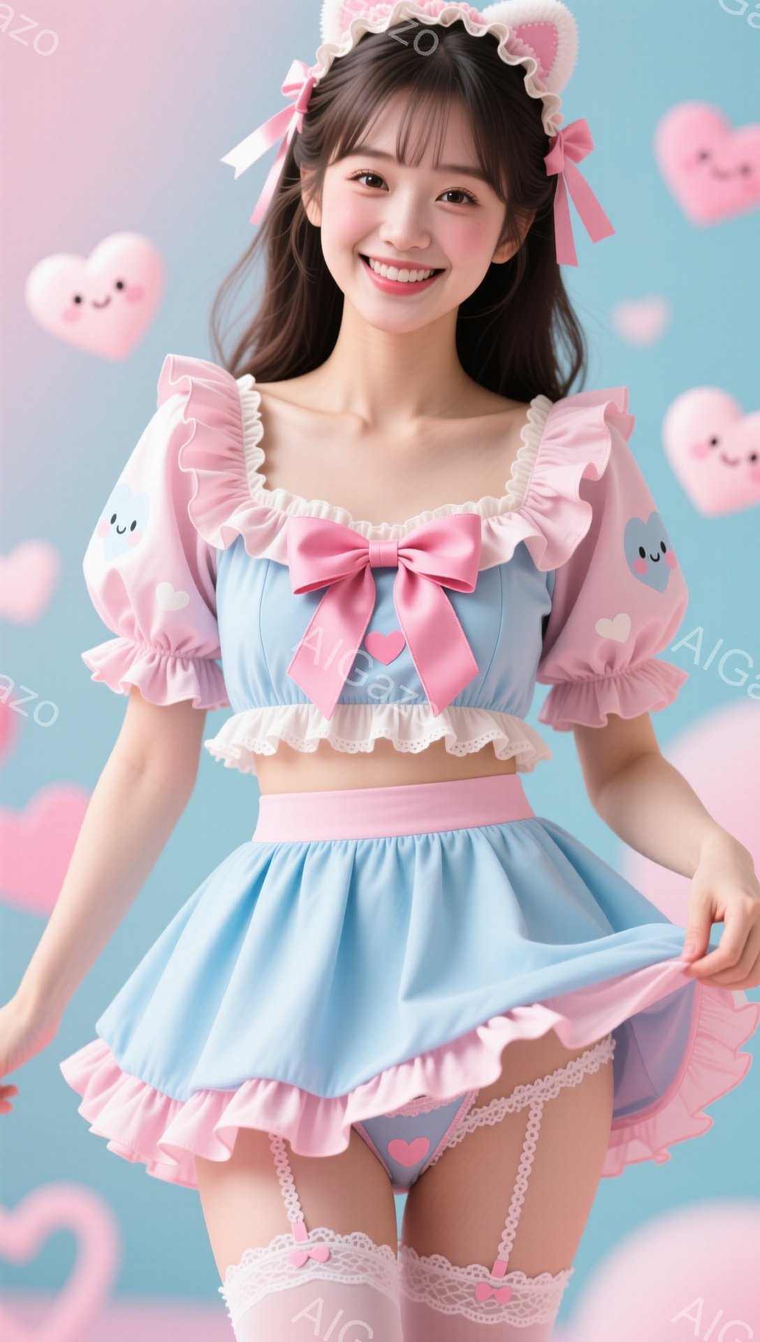 明るい水色のフリル付きのワンピースを着た若い女性が写っています。頭にはうさぎの耳のヘアバンドをつけており、笑顔でカメラを見ています。背景にはパステルピンクと水色のハートのイラストが浮かび、全体的に可愛らしく幻想的な雰囲気を醸し出しています。