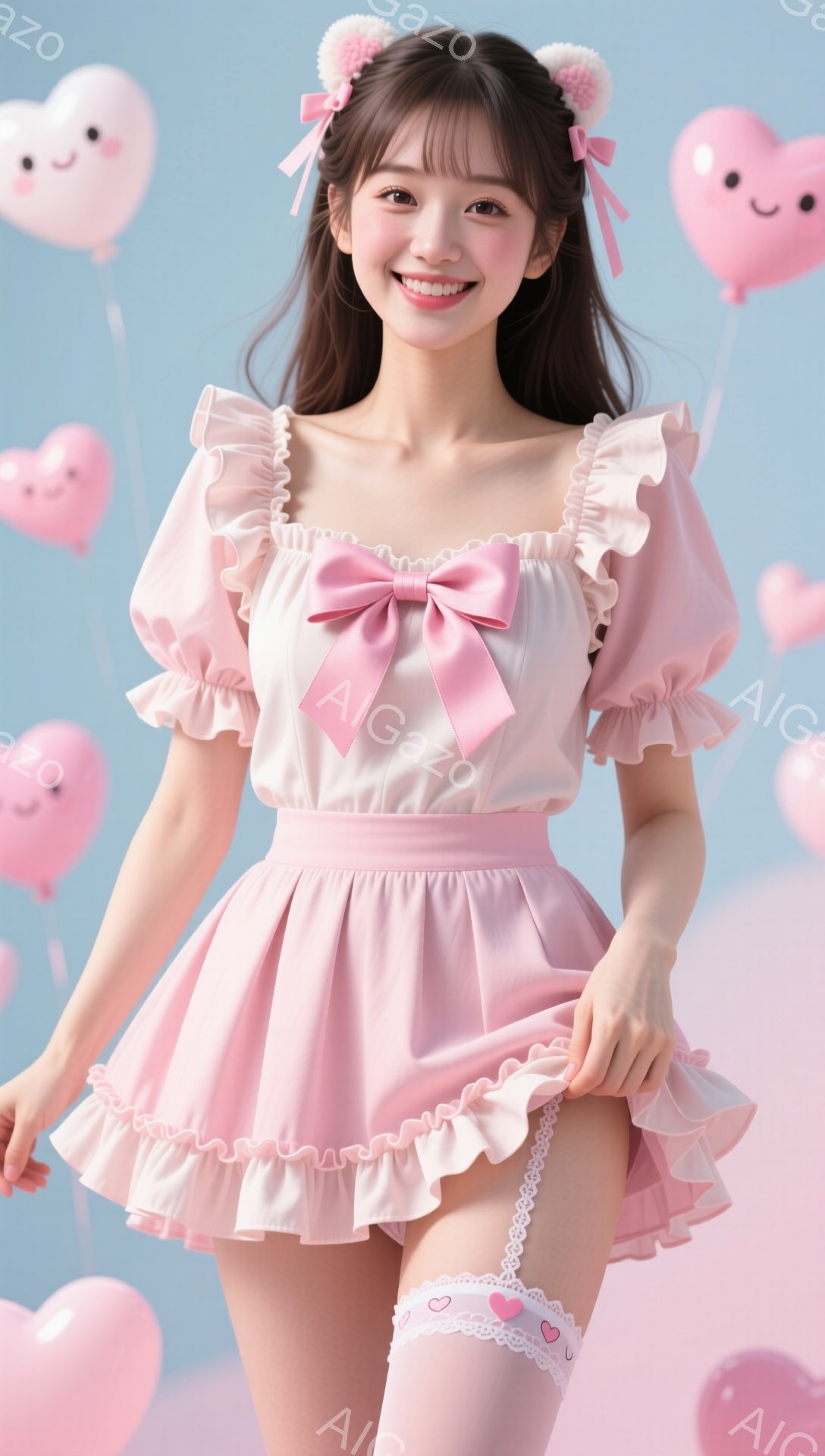 明るいピンク色の背景に、可愛らしい女性が映っています。彼女はパステルピンクのフリル付きのトップスとスカート、膝丈の白いソックスを着用し、髪はリボンで結ばれています。笑顔でスカートの裾を持ち上げており、全体的に甘くて夢幻的な雰囲気が漂っています。