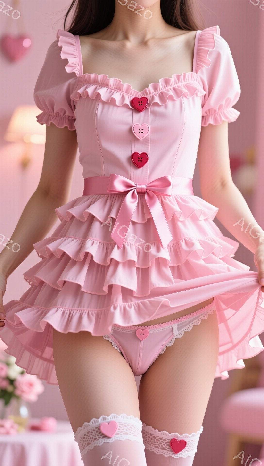 淡いピンク色のフリルが幾重にも重なった可愛らしいワンピースを着た女性が写っています。スカートはふわふわと広がり、ピンクのハイウエストショーツとレースのサスペンダーソックスが覗いています。背景はぼやけたピンク色で、ハートの装飾が散りばめられ、甘くロマンチックな雰囲気を醸し出しています。