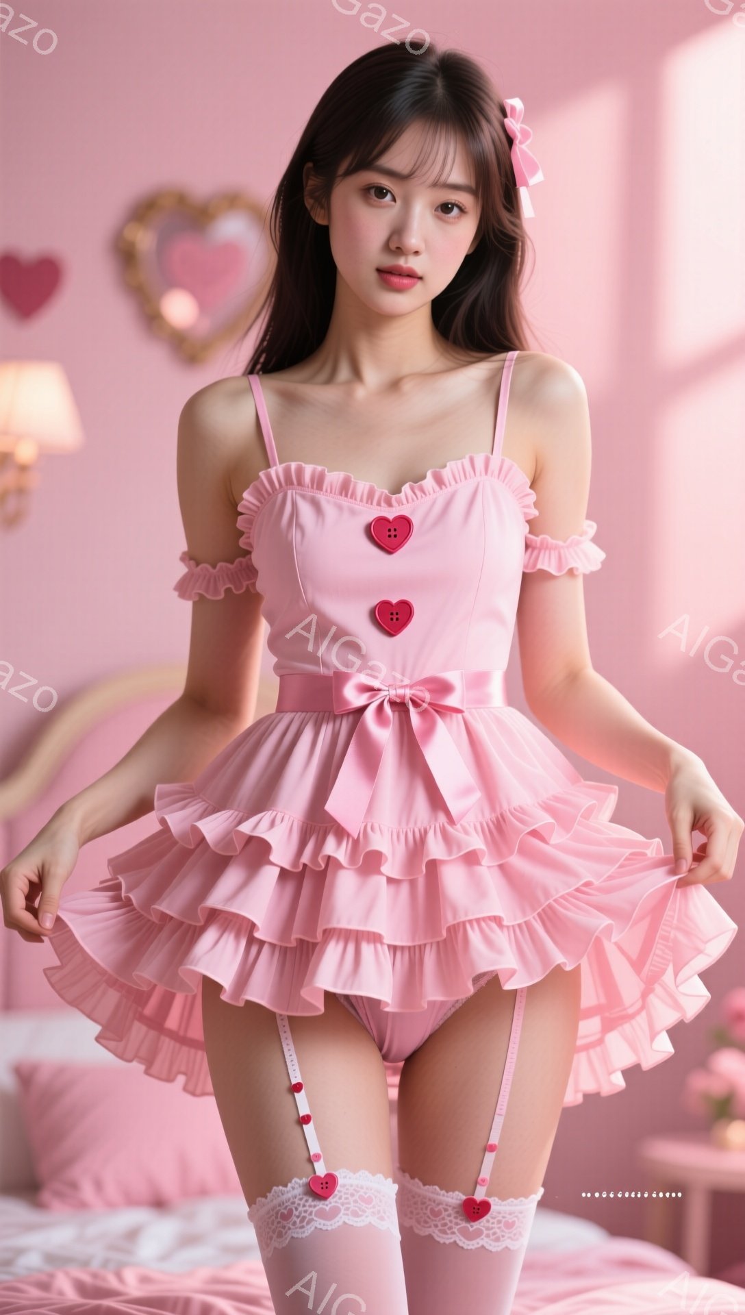 淡いピンク色のフリルドレスを着た若い女性が写っています。ドレスは胸元に大きなボタンがあしらわれ、ふんわりとしたティアードスカートが特徴です。彼女は白いレースソックスを履き、少し微笑みながらカメラを見つめており、背景はピンク色の装飾とハート型のモチーフで覆われた部屋です。