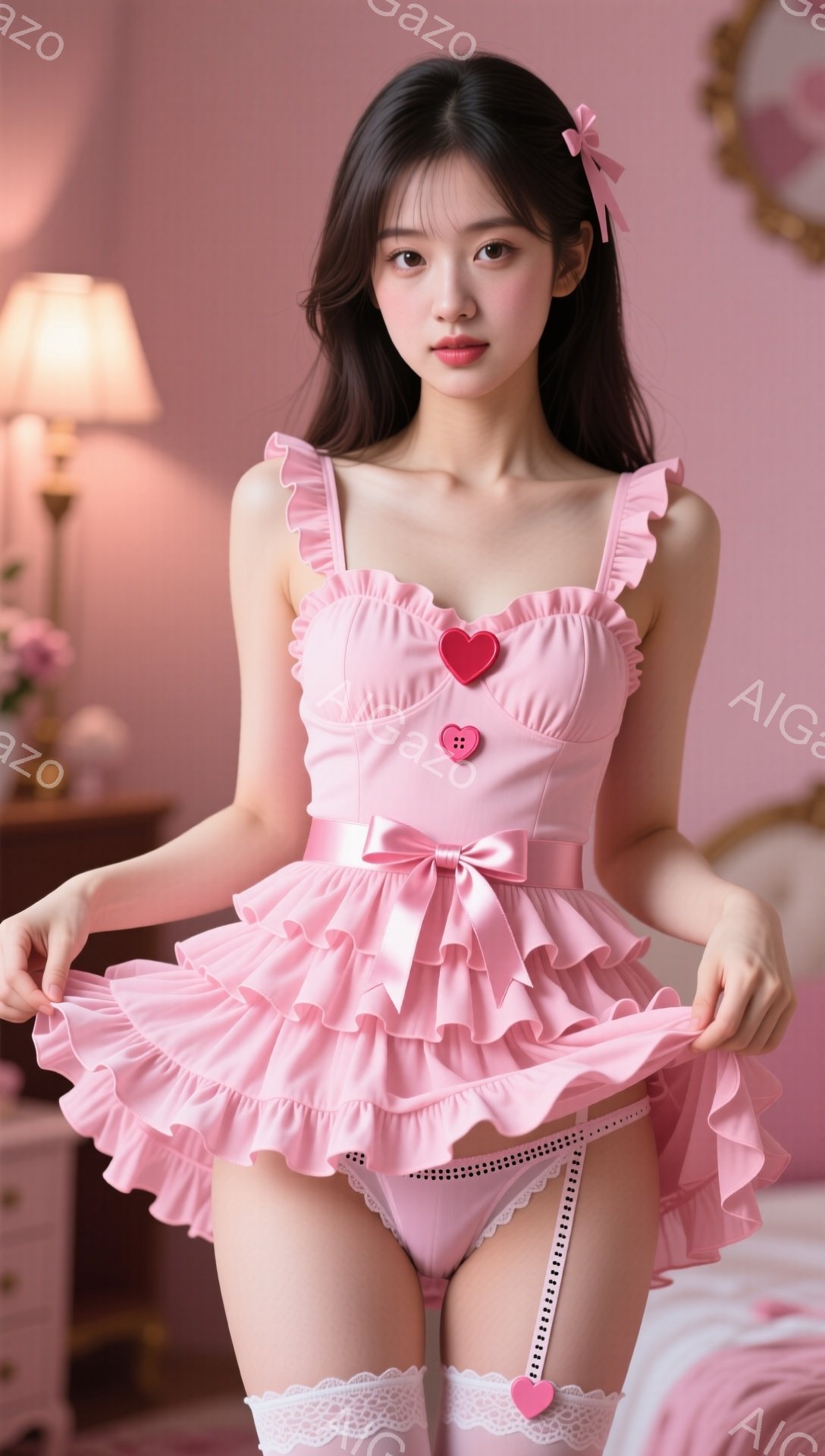 長い黒髪を中央で分け、ピンク色のフリルがたくさんついた可愛らしいワンピースを着た若い女性が写っています。彼女はわずかに微笑み、ワンピースの裾を両手で軽く広げたポーズをとっています。背景は薄いピンク色で、アンティーク調の家具や花が配置され、全体的にロマンチックで夢のような雰囲気を醸し出しています。