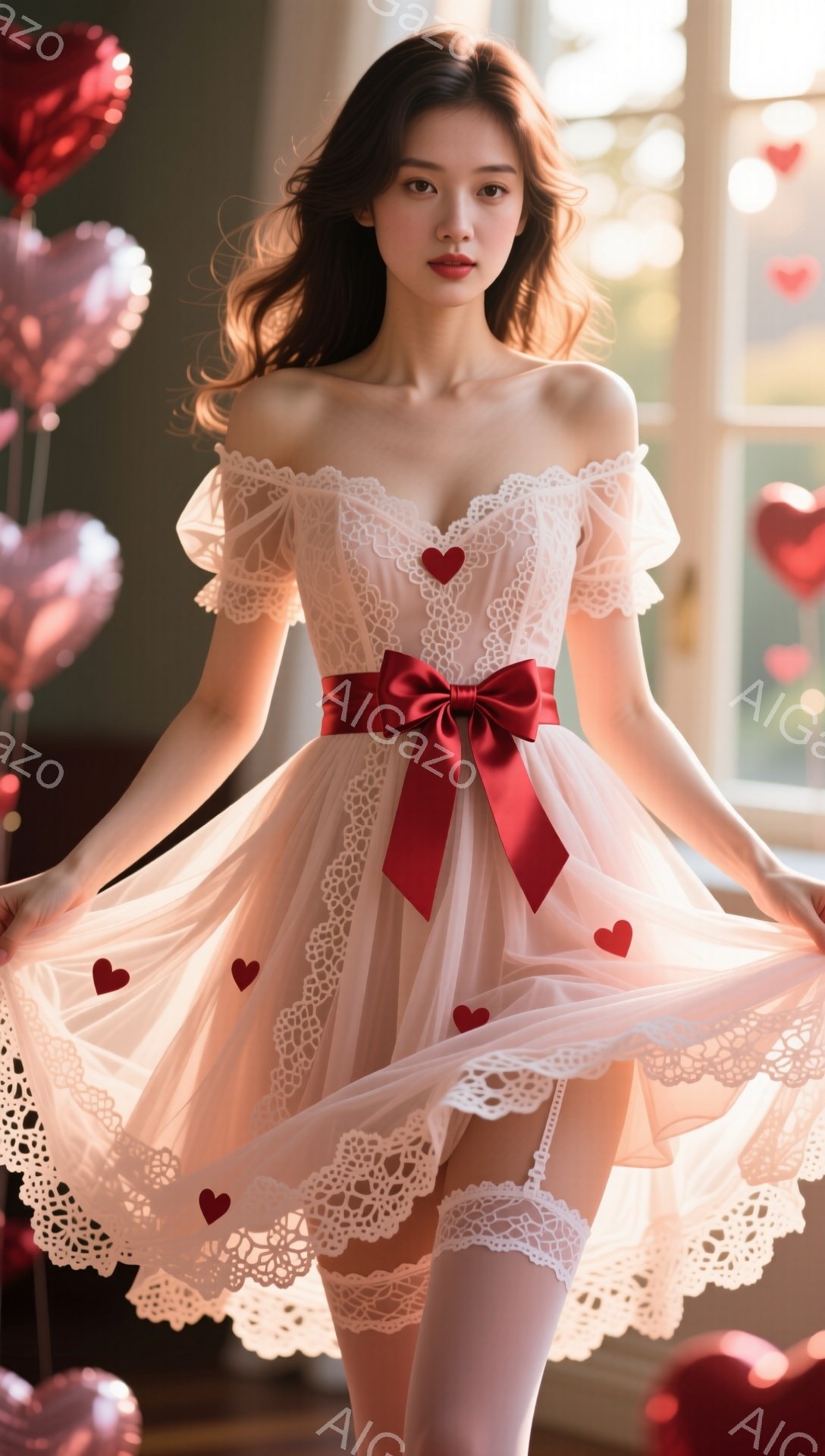 長いダークブラウンの髪を無造作に垂らし、淡いピンク色のレースのミニドレスを着た女性が写っている。赤いリボンがウエストを引き締め、ドレスにはハートの模様が散りばめられている。背景にはハート型の風船が浮かび、柔らかい光が差し込む室内で、夢のようなロマンチックな雰囲気を醸し出している。