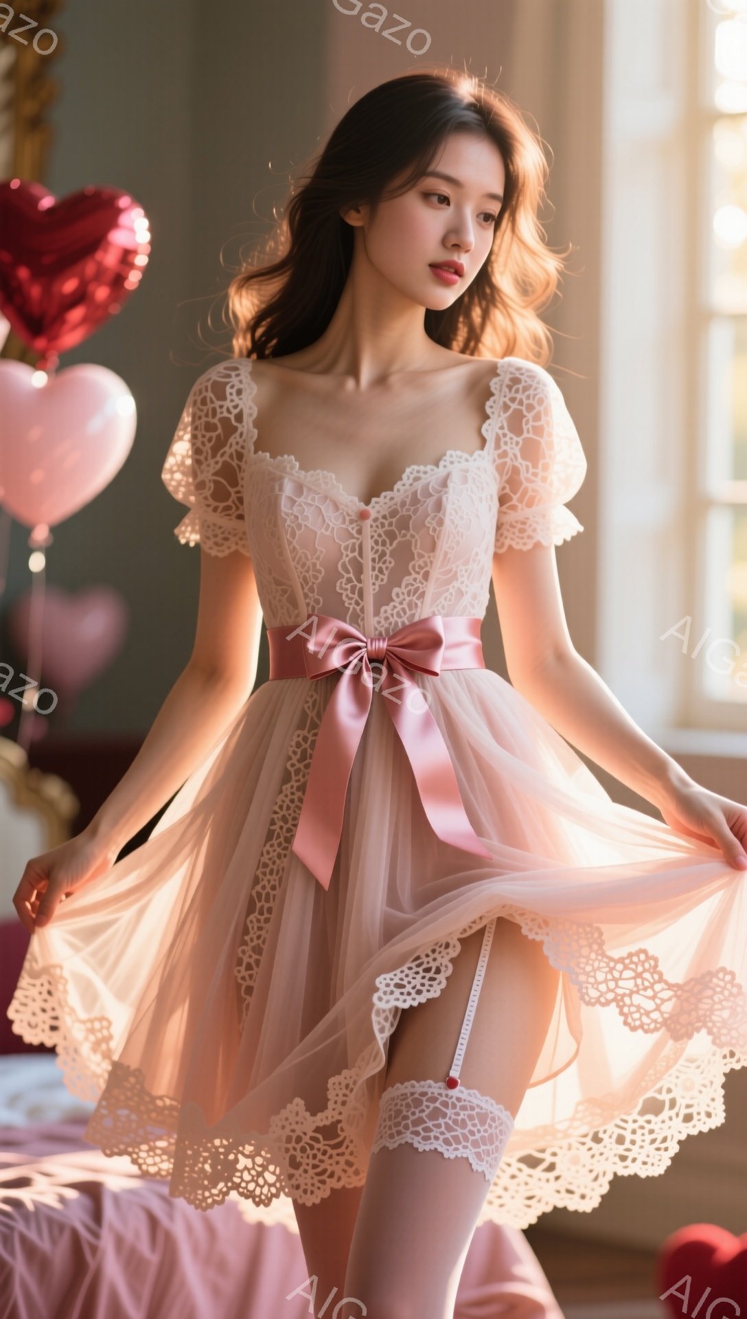 淡いピンク色のレースとチュールでできたミニドレスを着た女性が写っています。彼女は肩を露出したデザインで、ウエストには大きなリボンが付いています。彼女は微笑んでおり、長い茶色の髪が肩にかかっています。