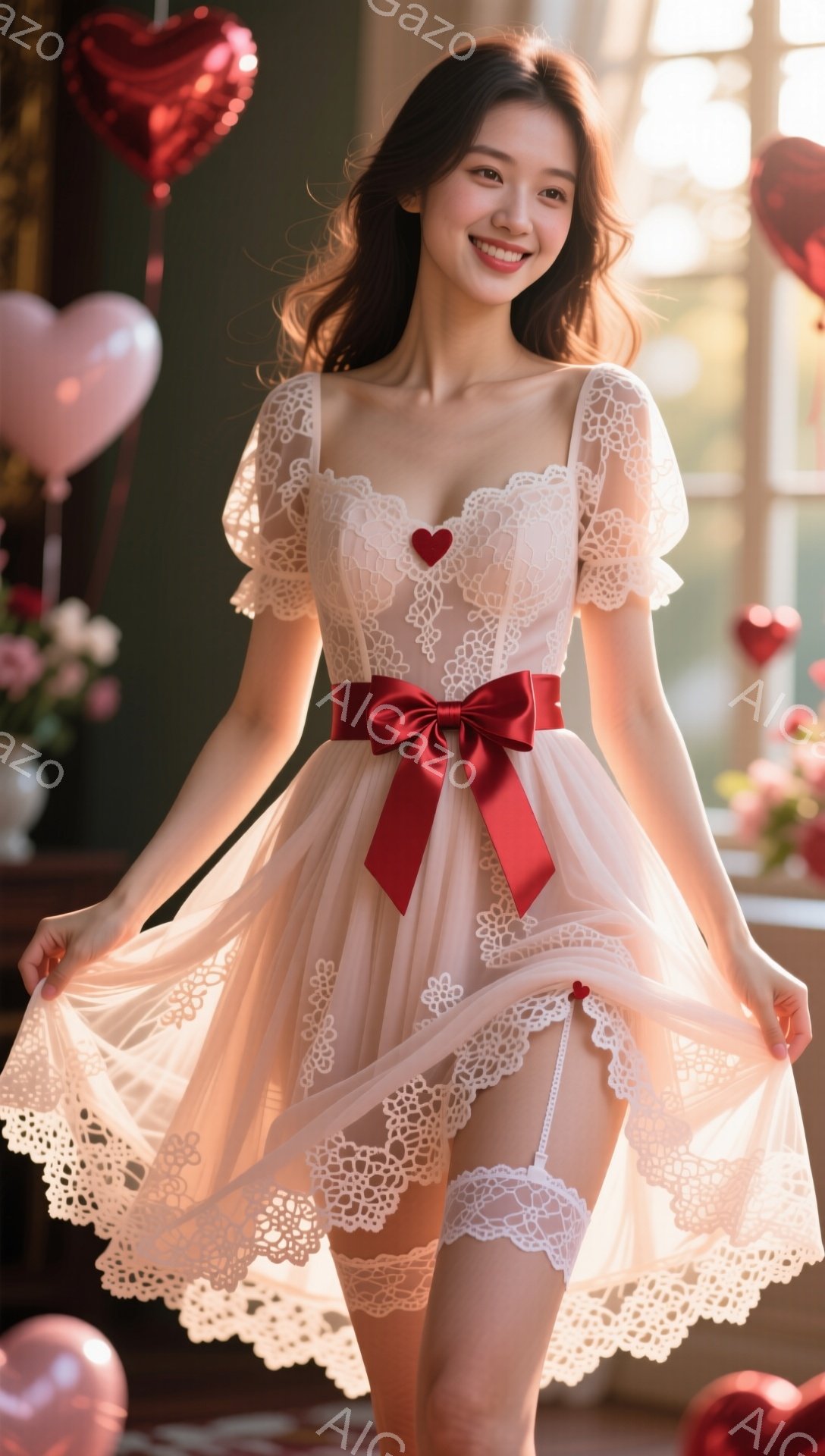 若い女性が、淡いピンク色のレースのミニドレスと赤いリボンを結んだ状態で、微笑んでいます。彼女はスカートを広げ、自然なポーズを取っており、背景にはハート型のバルーンや花が飾られた明るい室内が見えます。全体的に、ロマンチックで明るい雰囲気が漂っています。