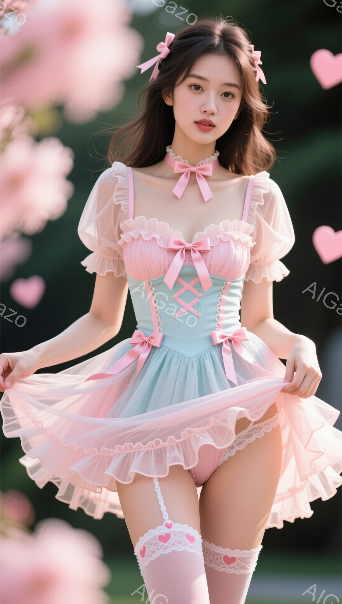 長い黒髪をサイドに分けて、ピンクのリボンで結んだ女性が写っています。ターコイズブルーとピンクのコルセット風のドレスに、白いフリルとレースのパンティ、ピンクのニーハイソックスを着用し、両手を広げてポーズをとっています。背景にはぼやけた緑の木々とピンク色のハートが散りばめられており、夢幻的で甘い雰囲気を醸し出しています。