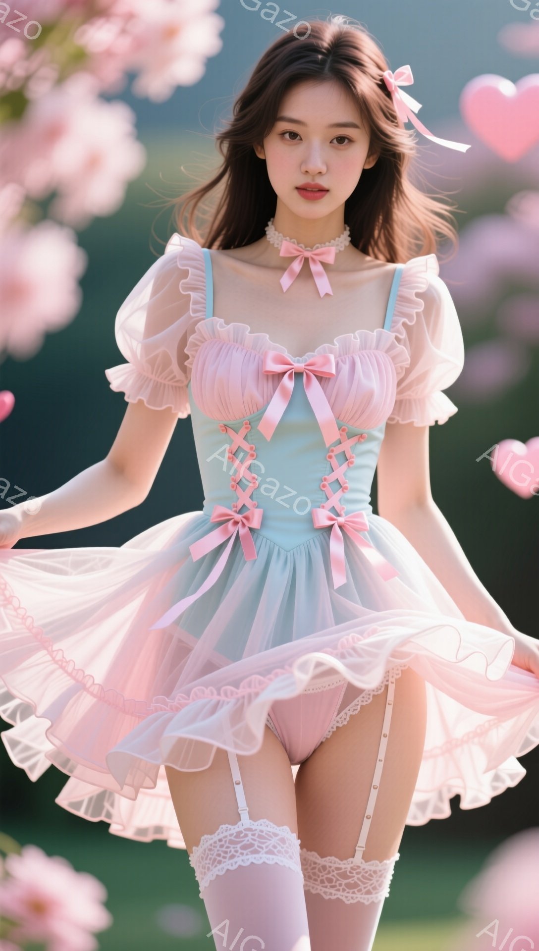 長い茶色の髪にピンクのリボンをつけ、明るい表情で微笑む若い女性が写っています。淡い水色のコルセット風のトップスと、ピンクと水色のふわふわしたチュールスカート、レースのガーターベルトとニーハイソックスを着用しています。背景には桜の花びらが舞い、全体的に夢のような、可愛らしい雰囲気です。