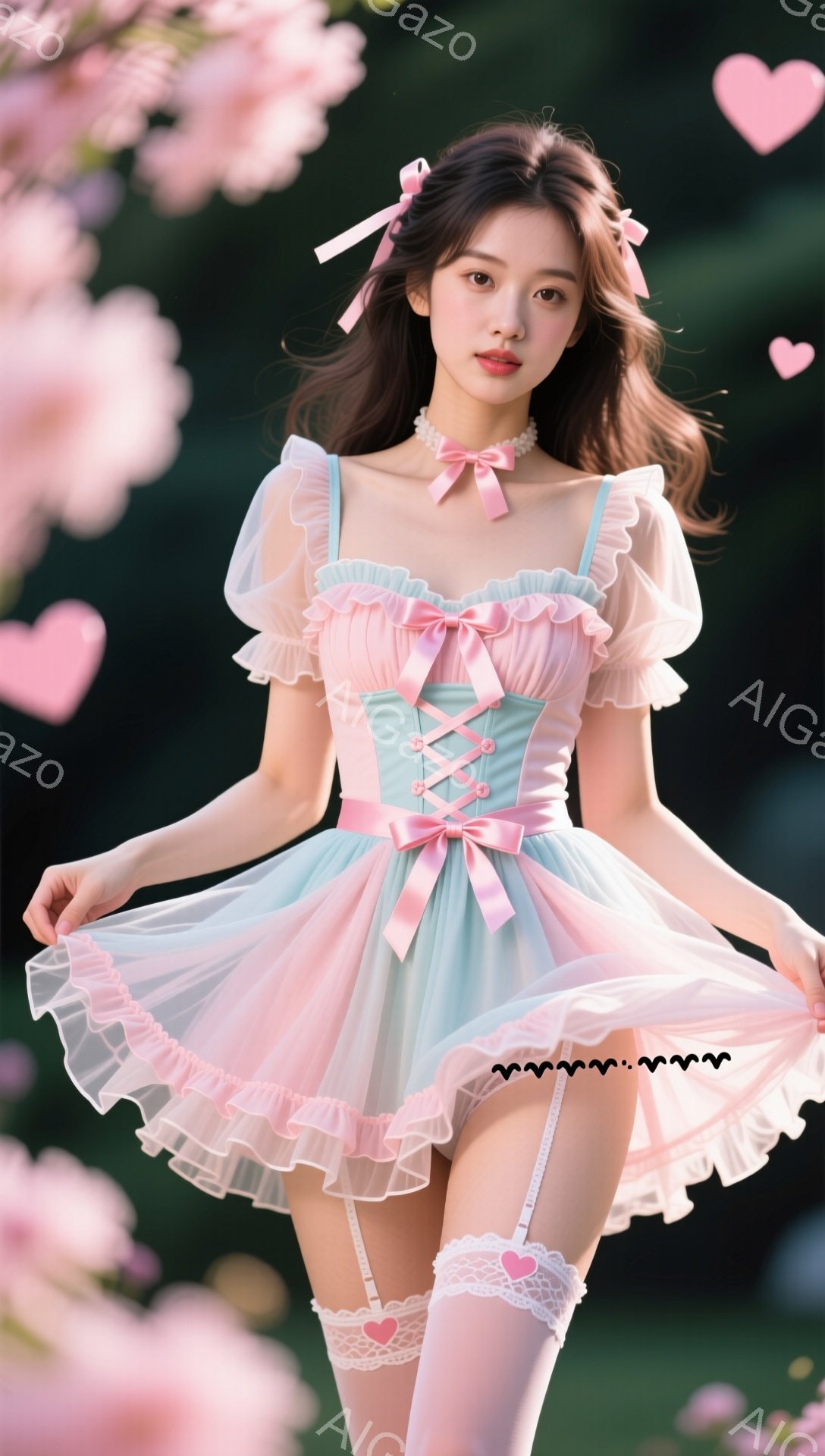 淡いピンクと水色のフリルが特徴的なドレスを着た若い女性が写っています。彼女は髪を軽くカールさせ、リボンで結んでおり、優しい笑顔を浮かべています。背景には、桜の花びらが舞い散る春の風景が広がり、夢のような雰囲気を醸し出しています。