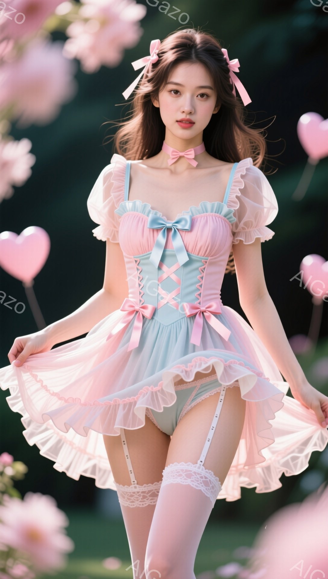 淡い水色とピンクのフリルが可愛らしいワンピースを着た女性が写っています。髪は軽くカールされ、リボンで結ばれており、表情は微笑みを湛えています。背景にはピンク色のハート型の花が咲き乱れ、柔らかく夢幻的な雰囲気を醸し出しています。