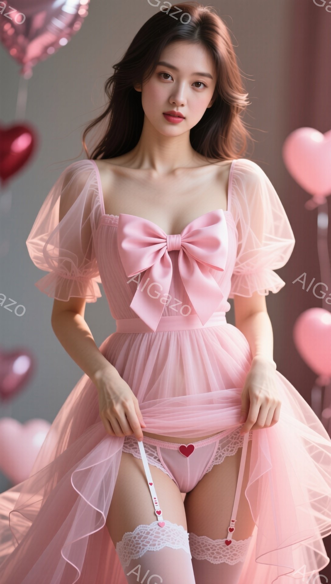 薄いピンク色のチュール素材のドレスを着た女性が写っています。大きなリボンが胸元を飾り、パフスリーブが可愛らしい印象を与えます。背景にはパステルカラーのハート型の風船が浮かび、ロマンチックで甘い雰囲気を醸し出しています。