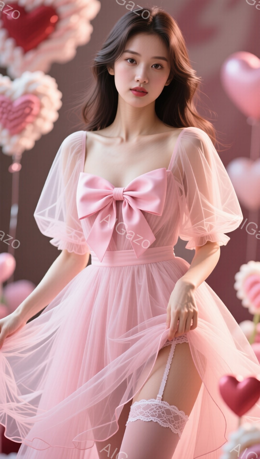 淡いピンク色のチュール素材のドレスを身につけた女性が写っています。ドレスはパフスリーブと大きなリボンが特徴で、裾はふわりと広がっています。背景にはハート型の装飾が散りばめられ、ロマンチックで夢幻的な雰囲気を醸し出しています。