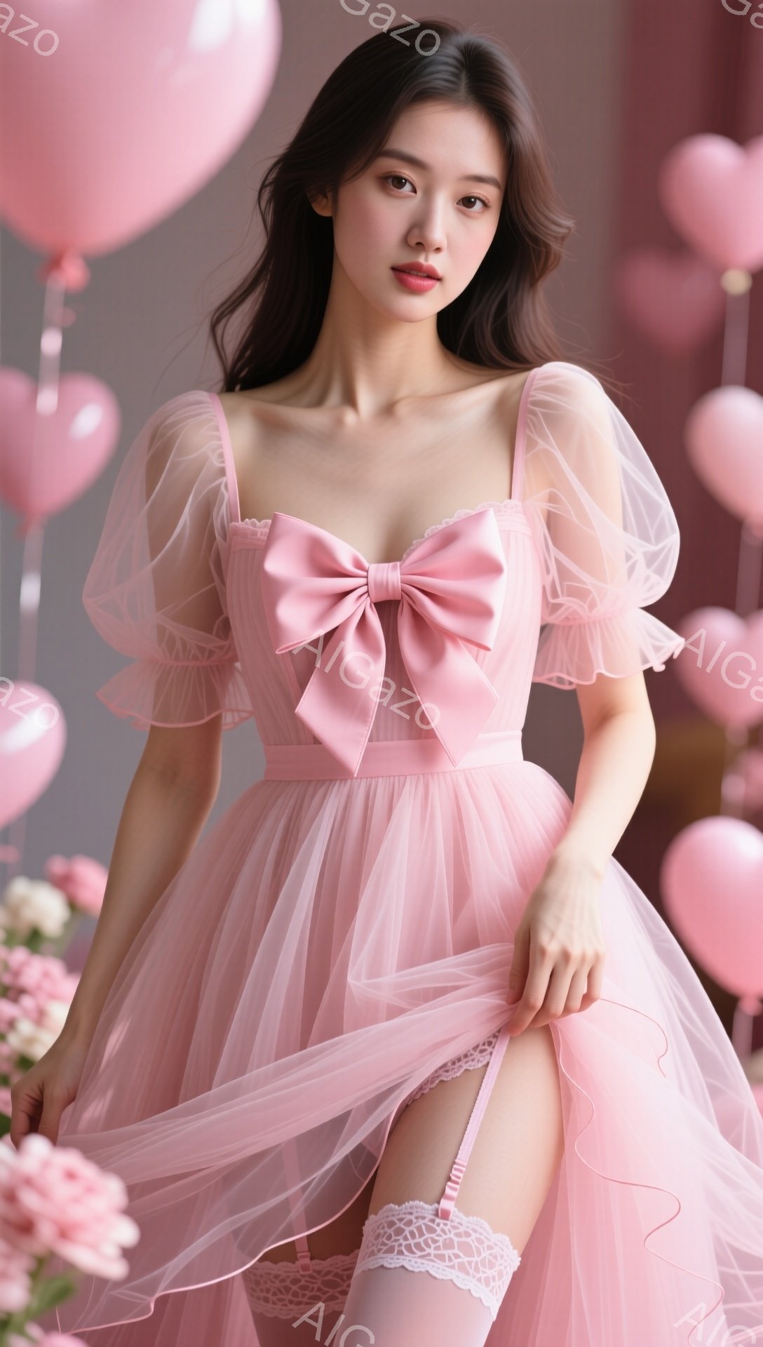 淡いピンク色のチュール素材のドレスを着た女性が写っています。彼女は膝丈の白いレースのサスペンダーソックスを履き、片手でドレスの裾を持ち上げています。背景にはピンク色のハート型の風船や花が散りばめられ、ロマンチックで夢幻的な雰囲気を醸し出しています。