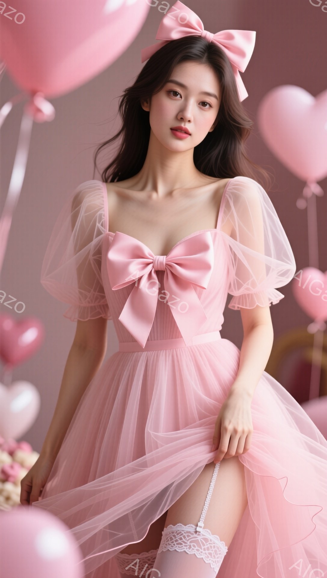 淡いピンク色のチュール素材のドレスを着た女性が写っています。大きなリボンが胸元を飾り、パフスリーブが可愛らしい印象を与えています。背景にはピンク色のハート型と球状の風船が浮かび、全体的にロマンチックで夢幻的な雰囲気が漂っています。