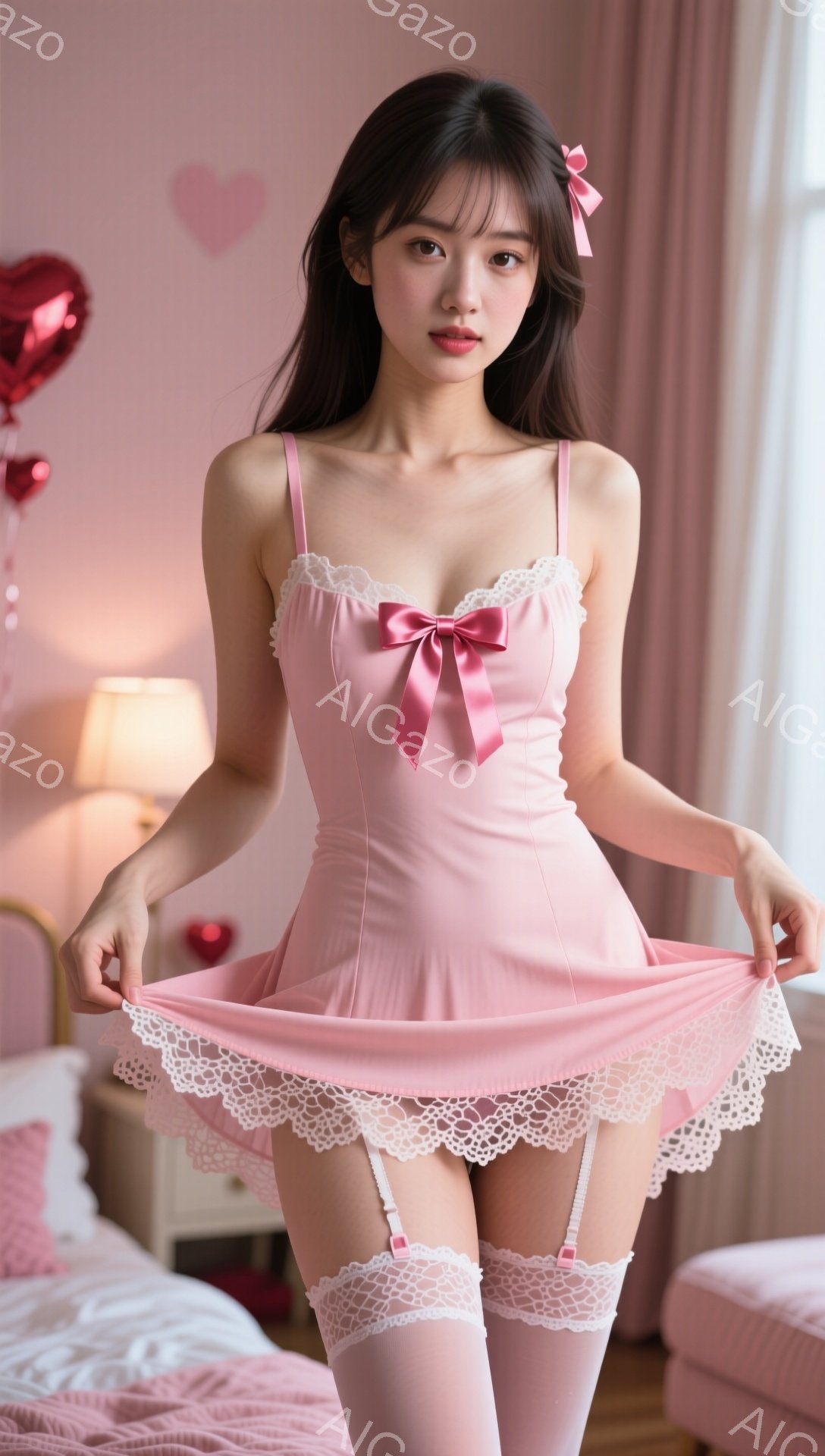 淡いピンク色のストラップドレスとレースのガーター付きストッキングを身に着けた女性が写っています。彼女は微笑んでおり、ドレスの裾を軽く引き上げています。背景には、ハート型のバルーンや装飾が施されたベッドルームが見え、全体的にロマンチックで可愛らしい雰囲気が漂っています。