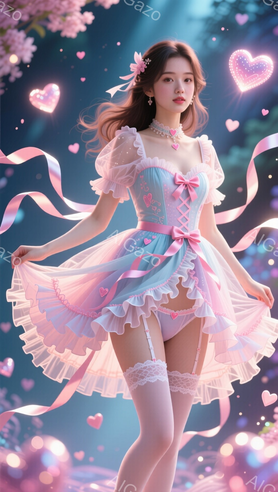 明るいピンクと水色のフリルのミニドレスを着た若い女性が描かれています。彼女は長い茶色の髪をゆるく巻いており、頭には小さな花飾りをつけています。背景にはピンク色の花と光の粒子が舞い、ロマンチックで夢のような雰囲気を醸し出しています。