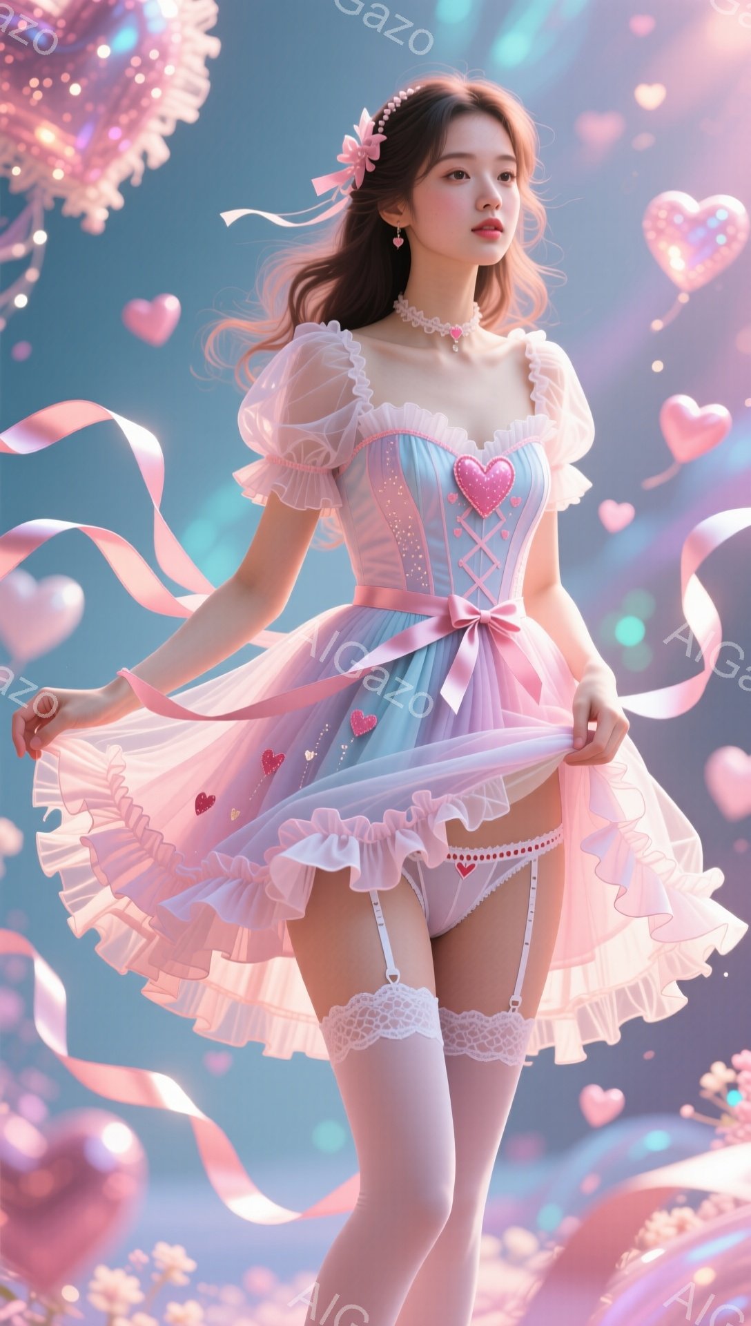 長い茶色の髪をゆるく巻いた女性が、パステルブルーとピンクのフリルが付いた可愛らしいドレスを着ています。彼女は片手を上げ、ドレスの裾を広げ、微笑んでいます。背景にはピンクのハートやリボンが浮かび、夢のような雰囲気を醸し出しています。