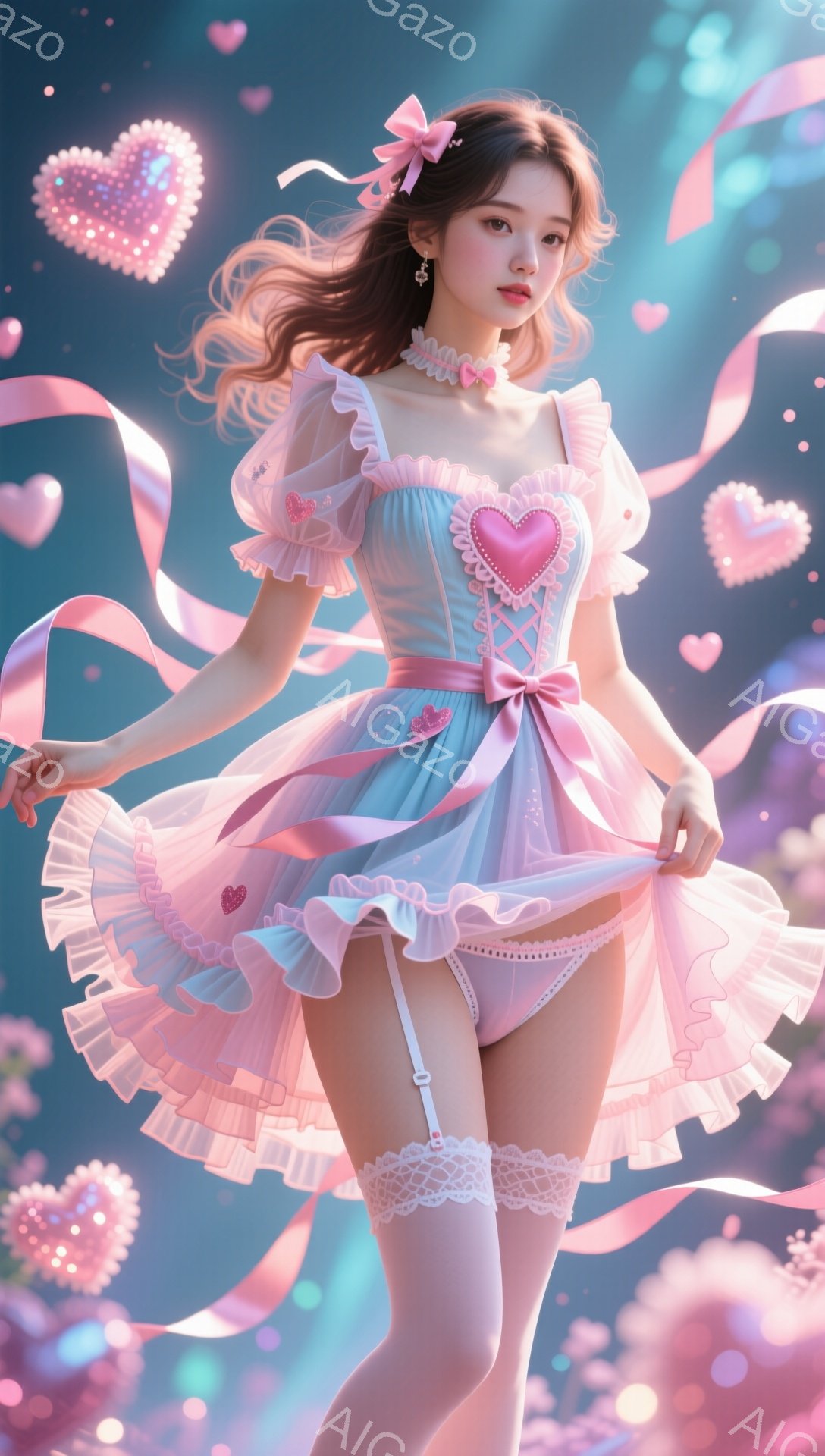 明るい青色のパフスリーブのミニドレスを着た若い女性が描かれています。ドレスはピンクのハート型の装飾とリボンで飾られ、白いレースのストッキングとハイヒールを履いています。背景はピンクと紫のハートとリボンで満たされ、全体的に夢のような、甘い雰囲気です。