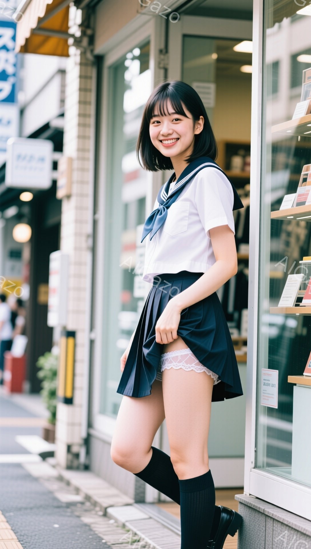 画像には、紺色の制服姿の若い女性が写っています。彼女は、白いブラウスに黒いプリーツスカート、黒いニーハイソックス、黒い靴を履いており、首にはリボンを結んでいます。背景には商店街の建物が見え、女性は笑顔でカメラに向かってポーズを取っています。