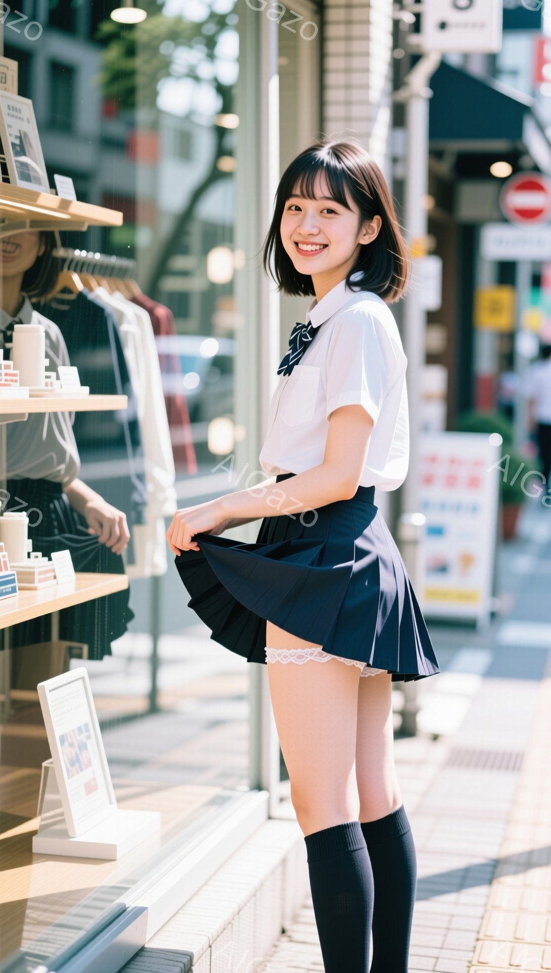 若い女性が制服を着て、紺色のプリーツスカートを少し持ち上げています。彼女は明るい笑顔で、黒いストッキングとニーハイソックスを履いています。背景にはショーウィンドウと、賑やかな通りが見え、晴れた日の街並 - AI生成フリー素材