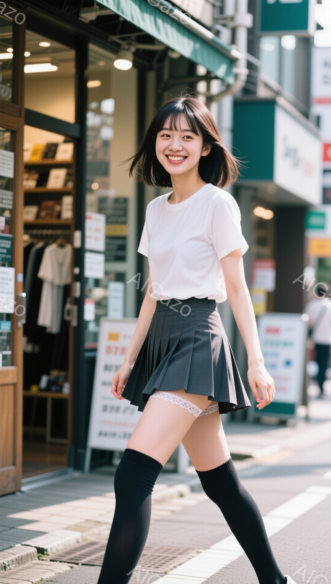 若い女性が歩道で歩いている。白いTシャツとプリーツの黒いミニスカート、黒いニーハイソックスを着用し、前髪を下ろしたショートヘアで笑顔を浮かべている。背景には商店街の建物が見え、晴れた日の明るい雰囲気である。