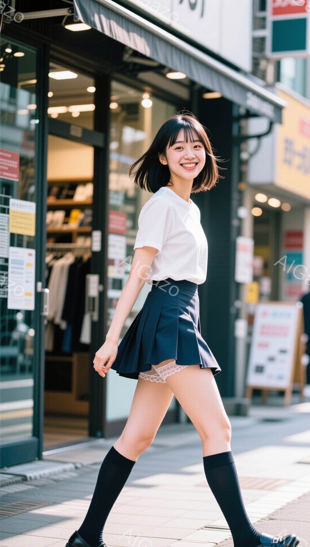 若い女性が街中で歩いている様子が写っている。白いブラウスに紺色のプリーツスカート、黒いニーハイソックス、黒い靴を履いている。彼女は微笑んでおり、歩く姿勢は軽快で、背景には商店が並び、晴天の下、賑やかな都市の雰囲気が感じられる。