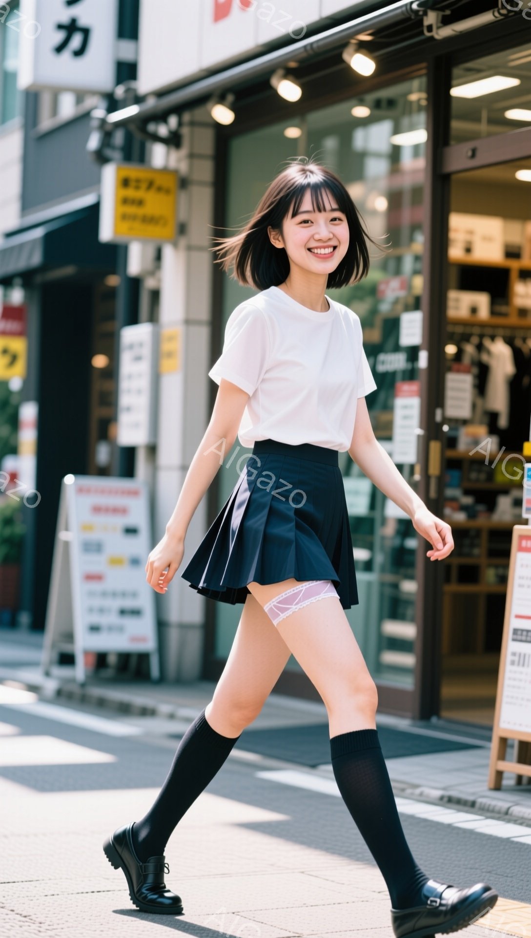 若い女性が歩いている写真です。白いTシャツとプリーツの黒いミニスカート、黒いニーハイソックス、黒い革靴を身につけています。彼女は笑顔で、やや斜め前に歩いており、背景には商店や看板が見え、晴れた日の街並みであることがわかります。