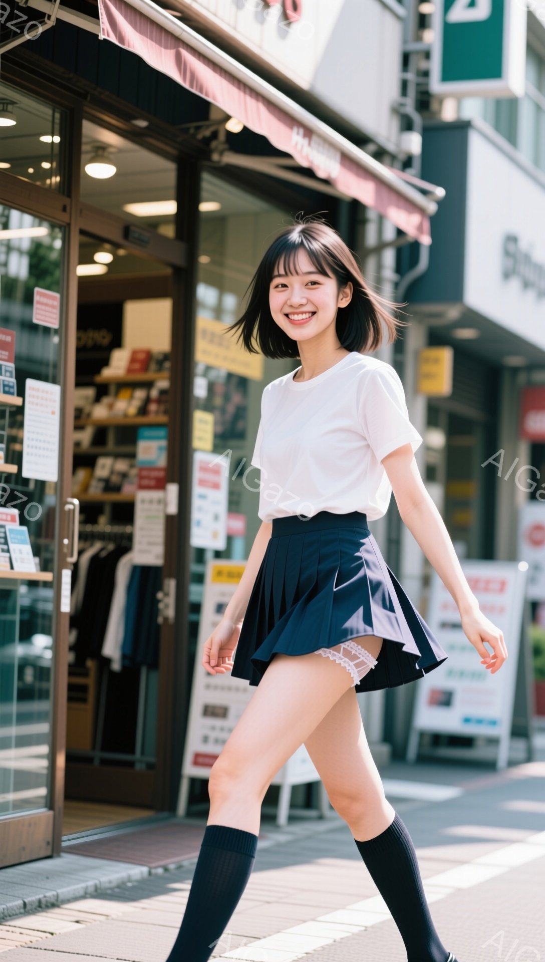 若い女性が街中で歩いている写真です。白いTシャツにプリーツのミニスカート、黒いニーハイソックスを履き、表情は明るく微笑んでいます。背景にはお店のショーウィンドウや看板が見え、晴れた日の賑やかな街並みが広がっています。