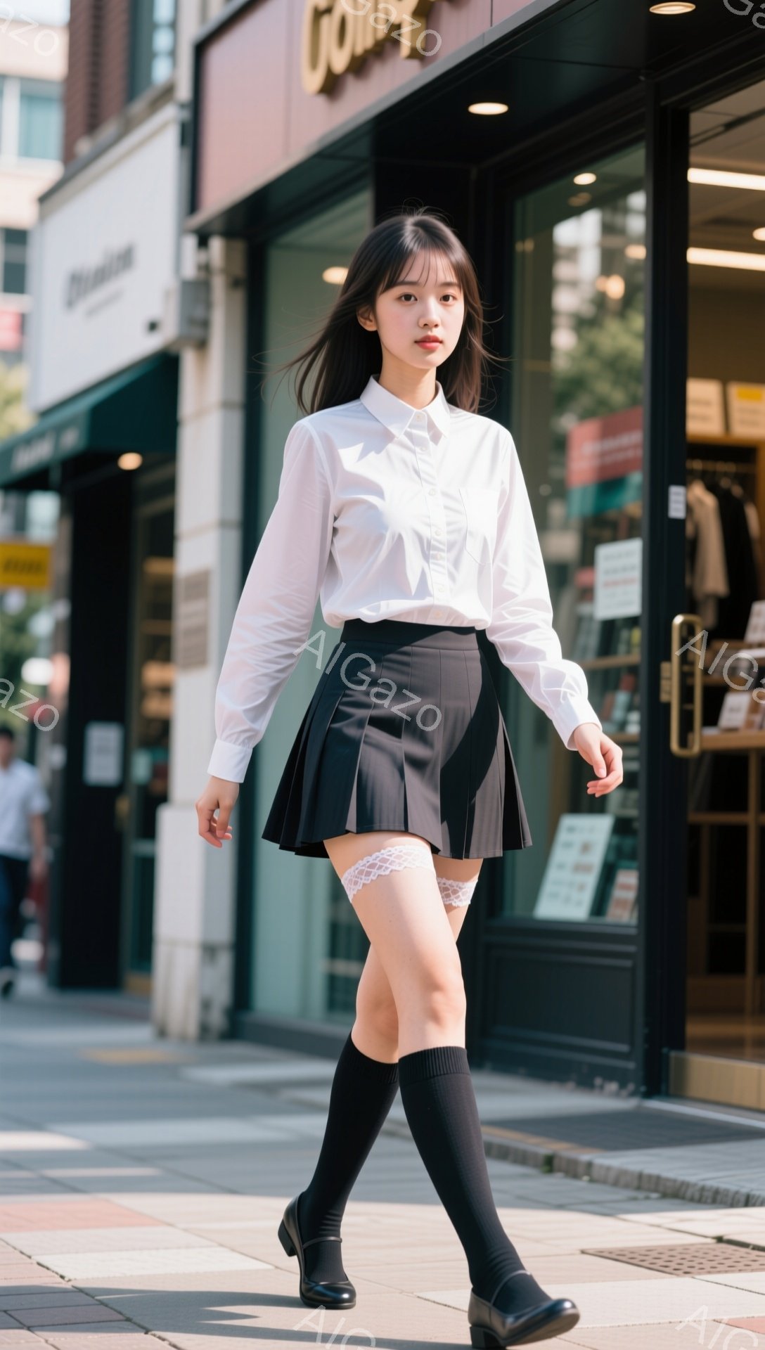 黒髪のロングヘアの女性が、白いシャツと黒いプリーツスカート、黒いソックスと靴を履いて歩いています。彼女は少し微笑んでおり、自信に満ちた表情で、街の歩道を歩いています。背景にはお店があり、日差しが柔らかく、晴れた日の穏やかな雰囲気が感じられます。