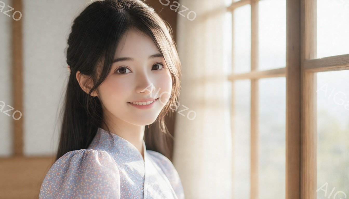 長い黒髪を背中に流し、正面を向いて微笑む若い女性が写っています。淡い水色に小さな花柄が散りばめられたブラウスを着ており、明るく柔らかい印象を与えます。背景には木製の格子模様の窓があり、ぼんやりとした自然の風景が見え、穏やかで暖かい雰囲気を醸し出しています。