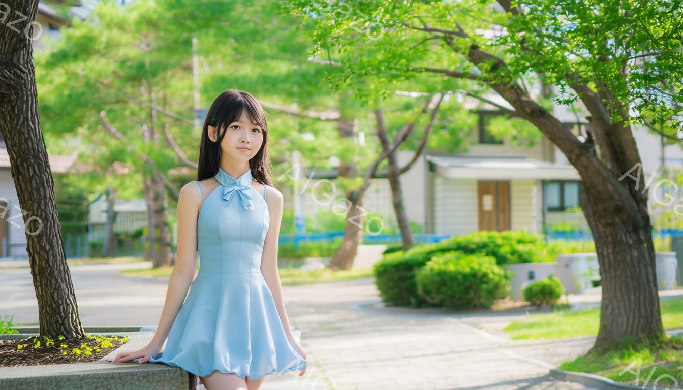 若い女性が水色のワンピースを着て、穏やかな表情でカメラを見ています。彼女は短いボブヘアで、両手を低めのコンクリートの壁につけて立っており、背景には緑豊かな木々と住宅が広がっています。晴れた日の穏やかな雰囲気で、全体的に爽やかで可愛らしい印象を与えます。