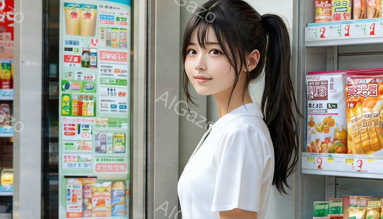 黒髪で前髪が特徴的な若い女性が、白いシャツを着てカメラを見つめている。彼女は少し微笑んでおり、姿勢はまっすぐで自信に満ち溢れているように見える。背景には、様々なスナック菓子が並んだ自動販売機があり、日常的な街並みを連想させる。