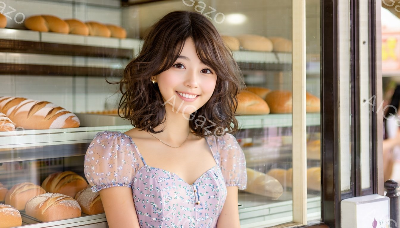 若い女性がパン屋で微笑んでいます。彼女は花柄の薄紫色のワンピースを着ており、肩を覆う短いカールした髪型をしています。背景には様々なパンが並んだ棚があり、明るく温かい雰囲気が漂っています。