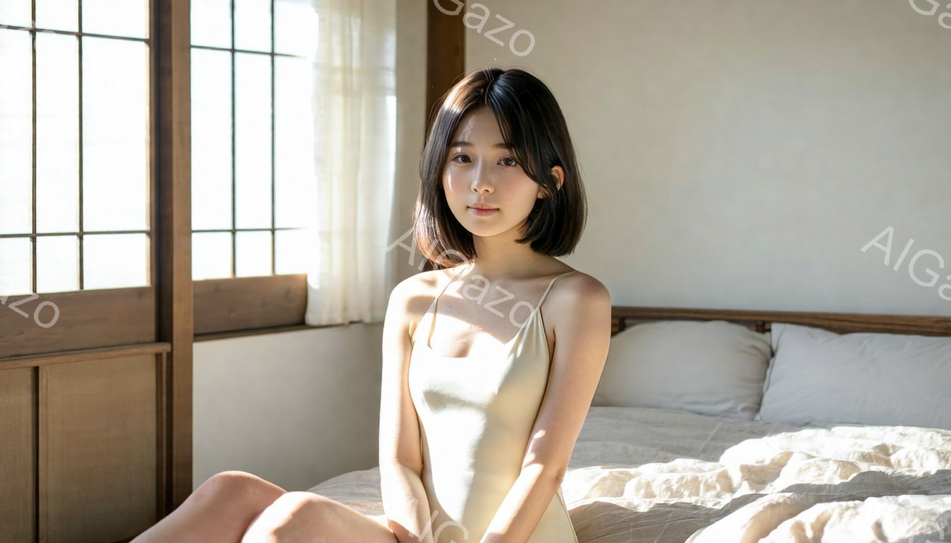 明るい光が差し込む部屋で、ベージュのキャミソールを着た若い女性がベッドに座っています。彼女は短めのダークブラウンの髪で、穏やかな微笑みを浮かべています。背景には木製のベッドフレームと障子のような窓があり、全体的に穏やかで静謐な雰囲気が漂っています。