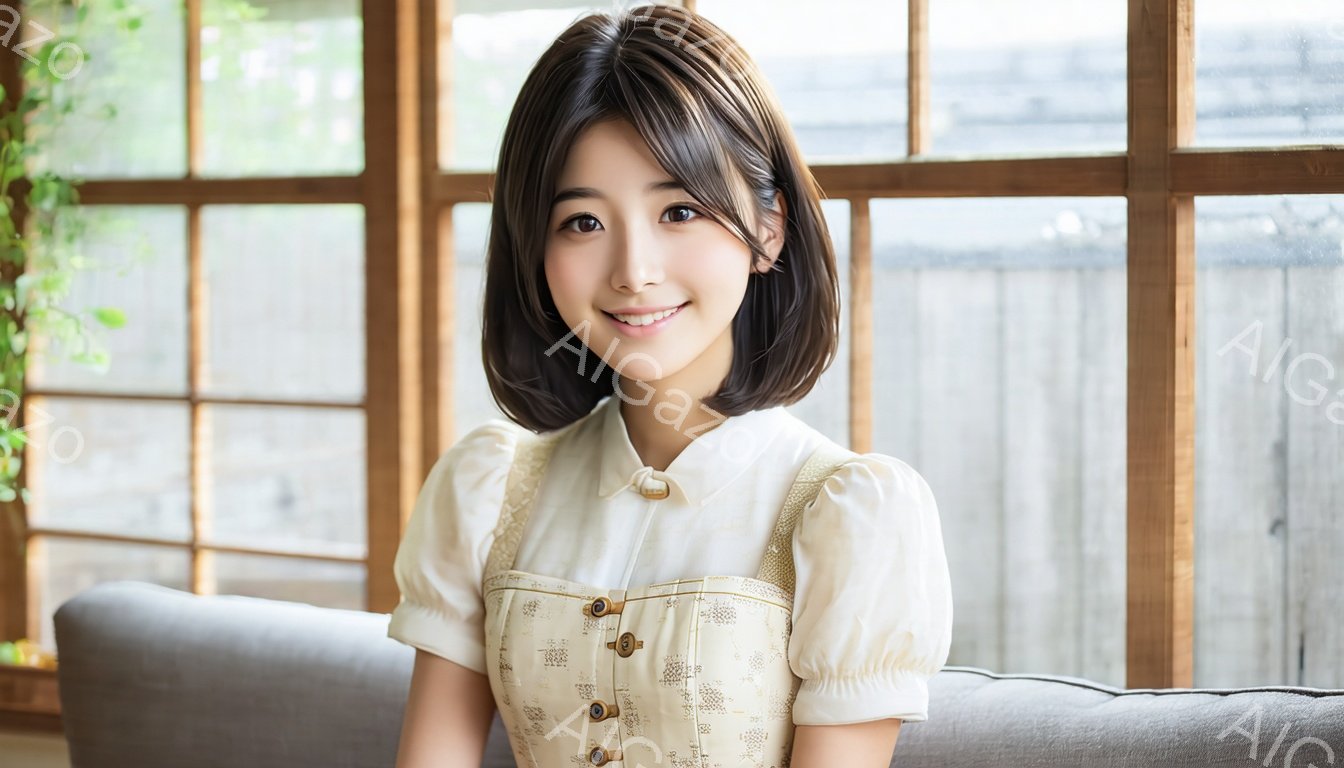 若い女性が、クリーム色の装飾的なボタンが並んだワンピースを着て、穏やかな笑顔で正面を向いています。彼女は肩までの長さの茶色の髪を持ち、リラックスした姿勢でソファに座っています。背景には窓があり、緑豊かな植物とぼやけた建物が見え、全体的に暖かく穏やかな雰囲気を醸し出しています。