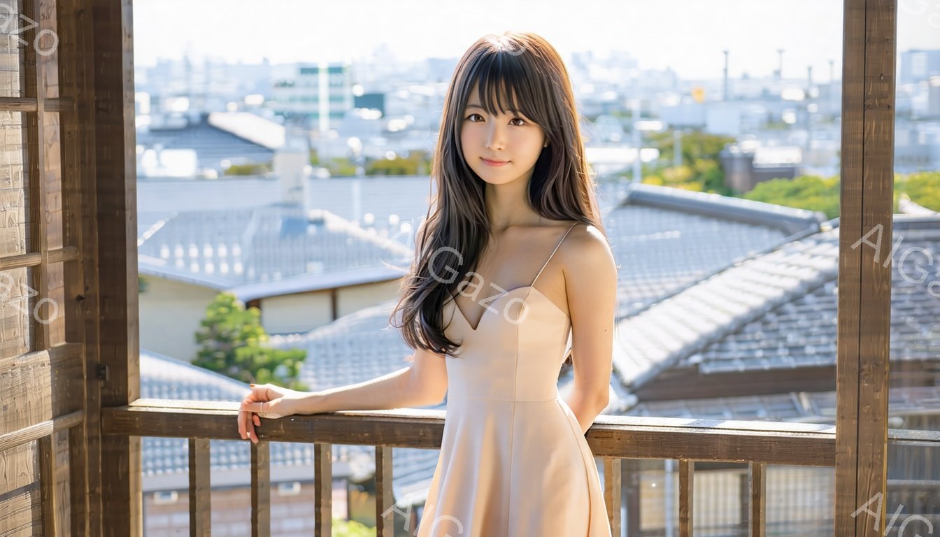 長い黒髪の女性が、淡いピンク色のキャミソールワンピースを着てバルコニーに立っている。彼女は穏やかな笑顔を浮かべ、片手をバルコニーの手すりに添えてリラックスした姿勢を見せている。背景には、日本の伝統的な瓦屋根の家々が広がり、遠くには近代的な建物が並び、晴れた空の下、穏やかな雰囲気が漂っている。