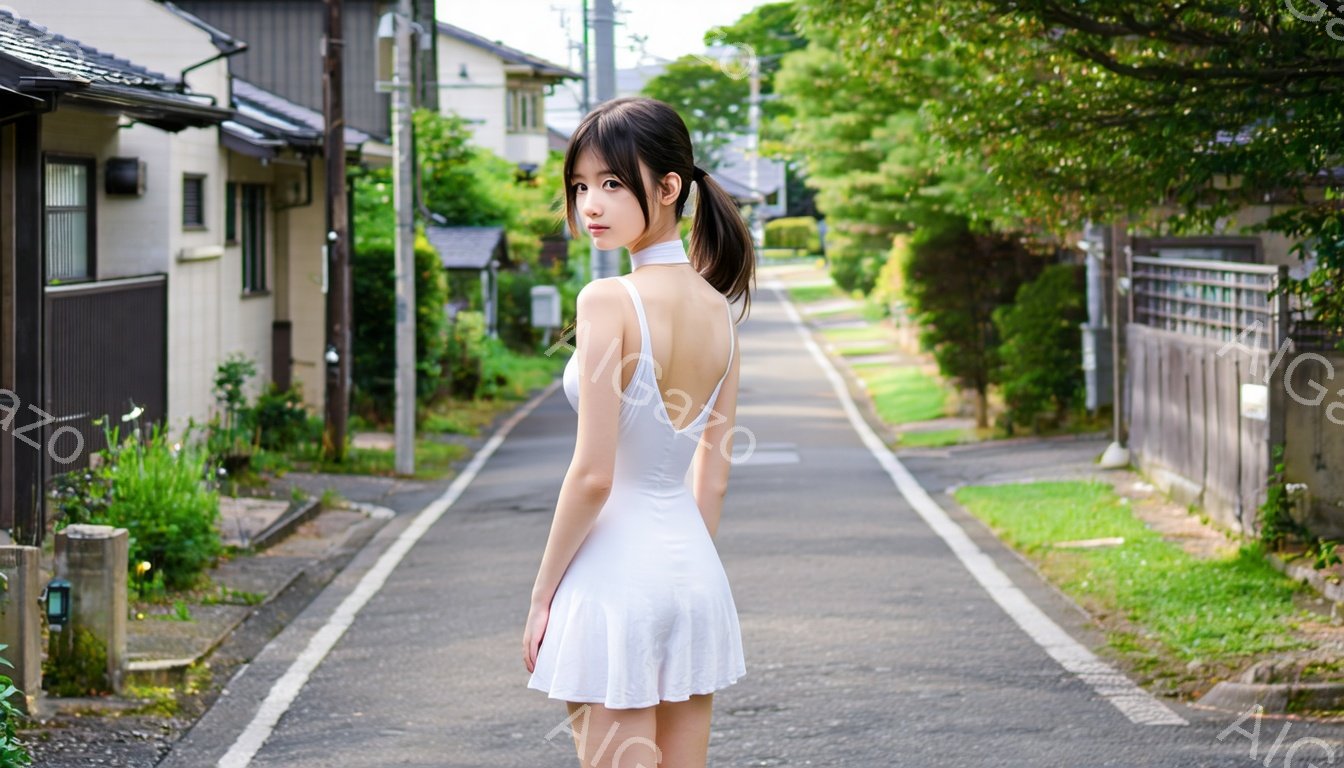 白いキャミソールワンピースを着た若い女性が、狭い路地の真ん中に立っている。彼女は黒髪をポニーテールにし、後ろを向いており、表情ははっきりとは見えないが、どこか憂いを帯びているように見える。背景には木造の家々や緑豊かな植物が見え、晴天で穏やかな雰囲気が漂っている。