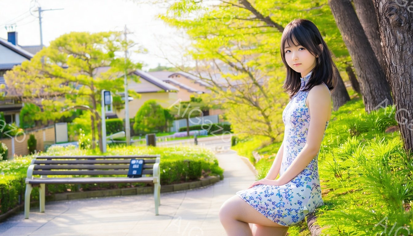 若い女性が公園のベンチの端に座っており、白い花柄のワンピースを着ています。彼女は黒髪で、肩の長さのストレートヘアです。背景には緑豊かな木々と住宅が並び、春らしい穏やかな日差しが差し込んでおり、全体的に爽やかで落ち着いた雰囲気です。