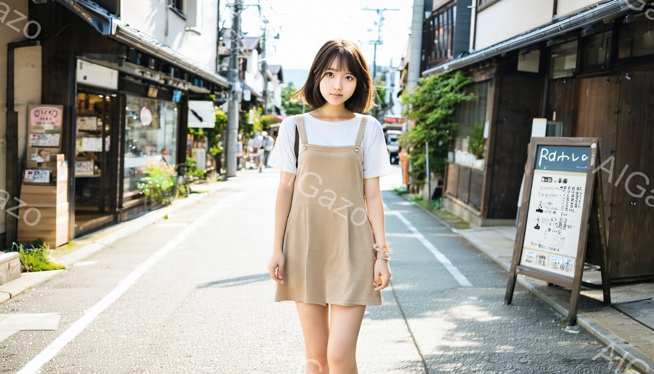 若い女性が、白いTシャツにベージュのオーバーオール姿で、石畳の道に立っている。彼女は肩を少し落としたリラックスした姿勢で、穏やかな微笑みを浮かべている。背景には木造建築が並び、緑が生い茂り、日差しが差し込む暖かい雰囲気の街並みが広がっている。