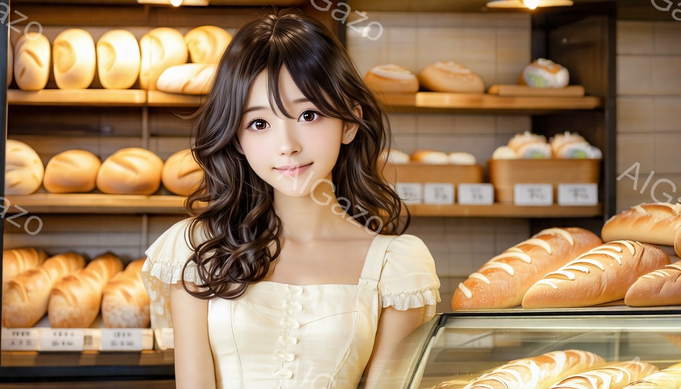 明るい茶髪の女性が、クリーム色のリボン付きのブラウスを着て、少し微笑んでいます。彼女はパン屋のカウンターの前で立っており、背景には様々なパンが並んでいます。全体的に、温かく、親しみやすい雰囲気が漂っています。