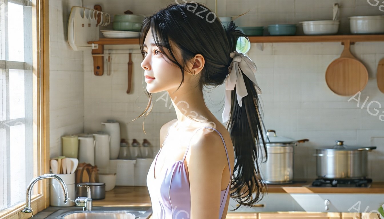 長い黒髪を高く結び、リボンで飾った女性が写っている。薄い紫色のキャミソールを着ており、キッチンで物思いにふけるような表情で横を向いている。背景には白いタイル張りの壁と調理器具が並び、柔らかな光が差し込む暖かく穏やかな雰囲気である。
