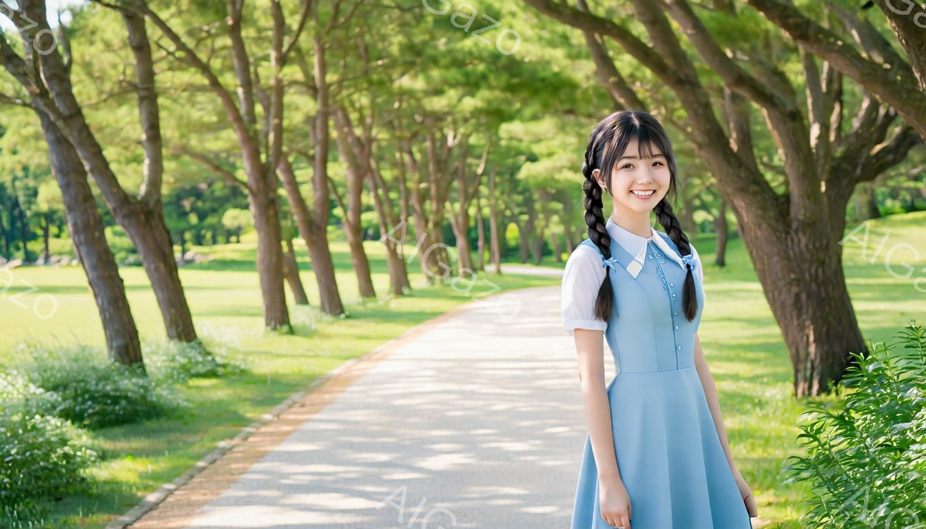 明るい青色のワンピースを着た若い女性が、緑豊かな並木道で微笑んでいます。彼女は髪を二つに分けて結び、清潔感のある印象を与えます。背景には、緑の木々が生い茂り、太陽の光が差し込み、穏やかで心地よい雰囲気が漂っています。