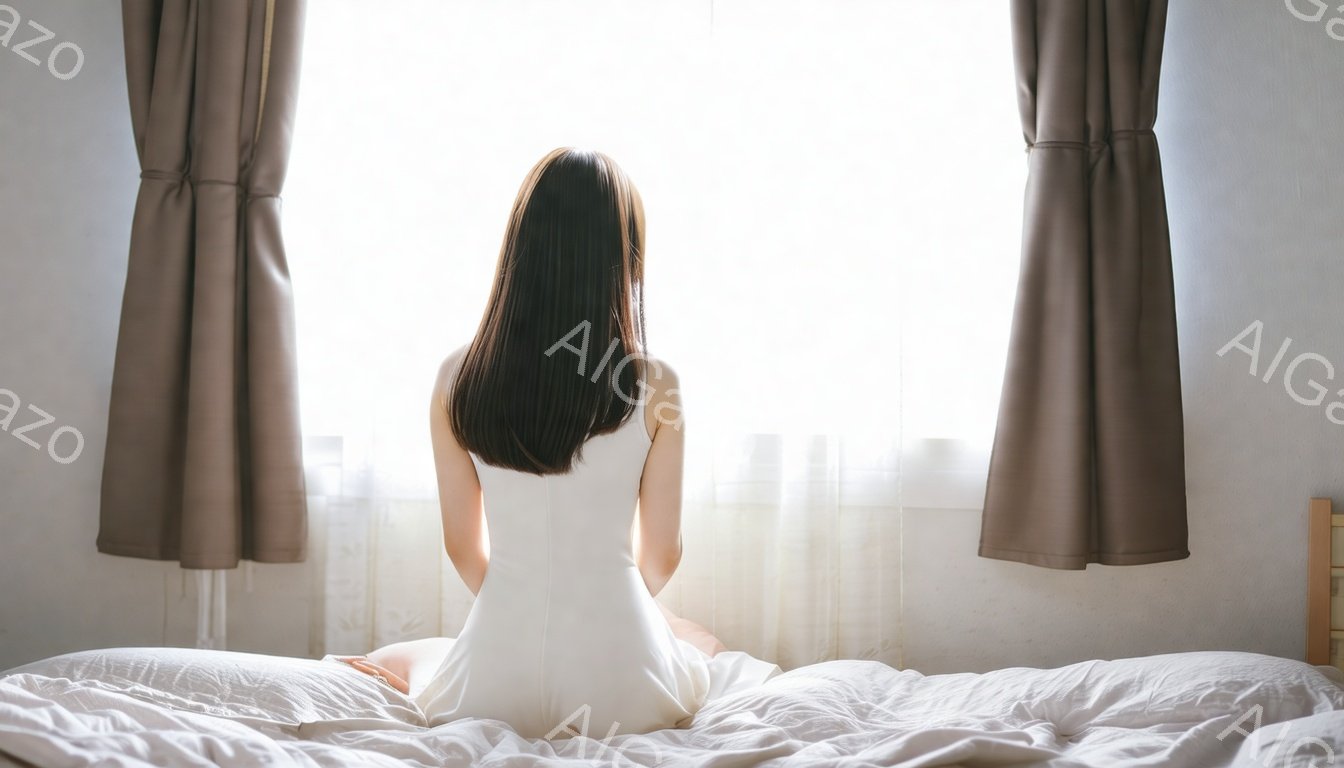 白いドレスを着た女性がベッドに座り、窓の外を見つめている。彼女は後ろ姿で、長い黒髪が背中を流れ落ちている。窓から差し込む光が柔らかく、部屋全体を明るく照らし、静かで穏やかな雰囲気を醸し出している。