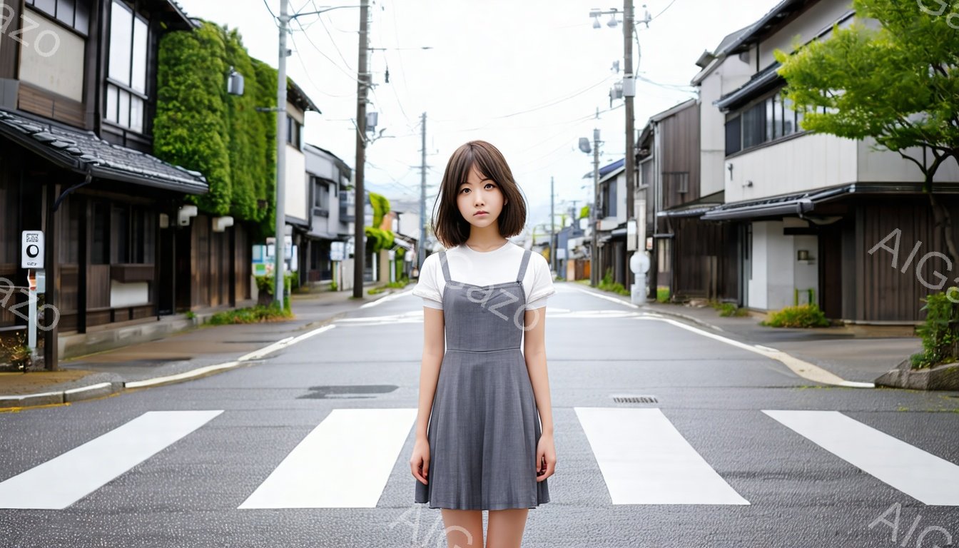 短いボブヘアの女性が、道路の中央の横断歩道に立っている。グレーのサスペンダーワンピースの上に白いTシャツを着ており、表情は穏やかで、やや物憂げな様子だ。背景には古い木造家屋が並び、曇り空の下、静かで落ち着いた雰囲気が漂っている。